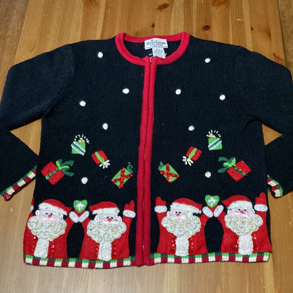 Tiara Heirloom Collectibles Christmas Holiday Santa Presents zip-up sweater